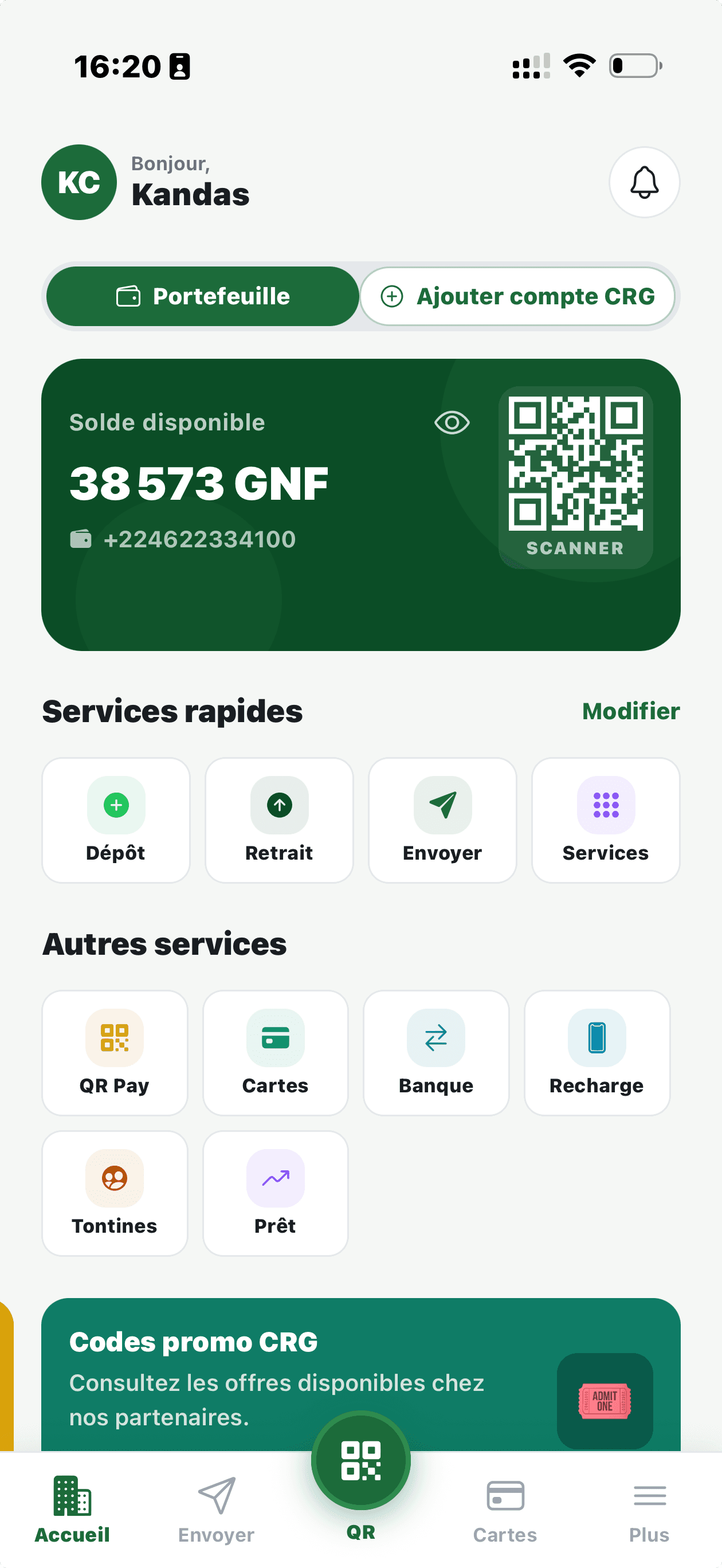 Écran d'accueil de l'application CRG